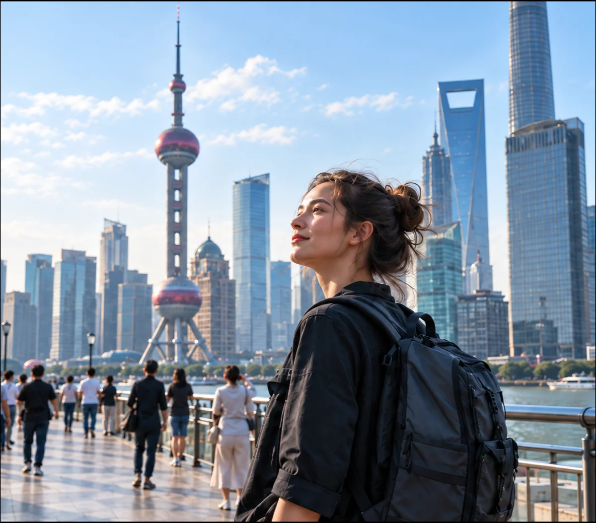 AI-generated concept of a traveler by the Shanghai waterfront, not a photograph of any recommended place.